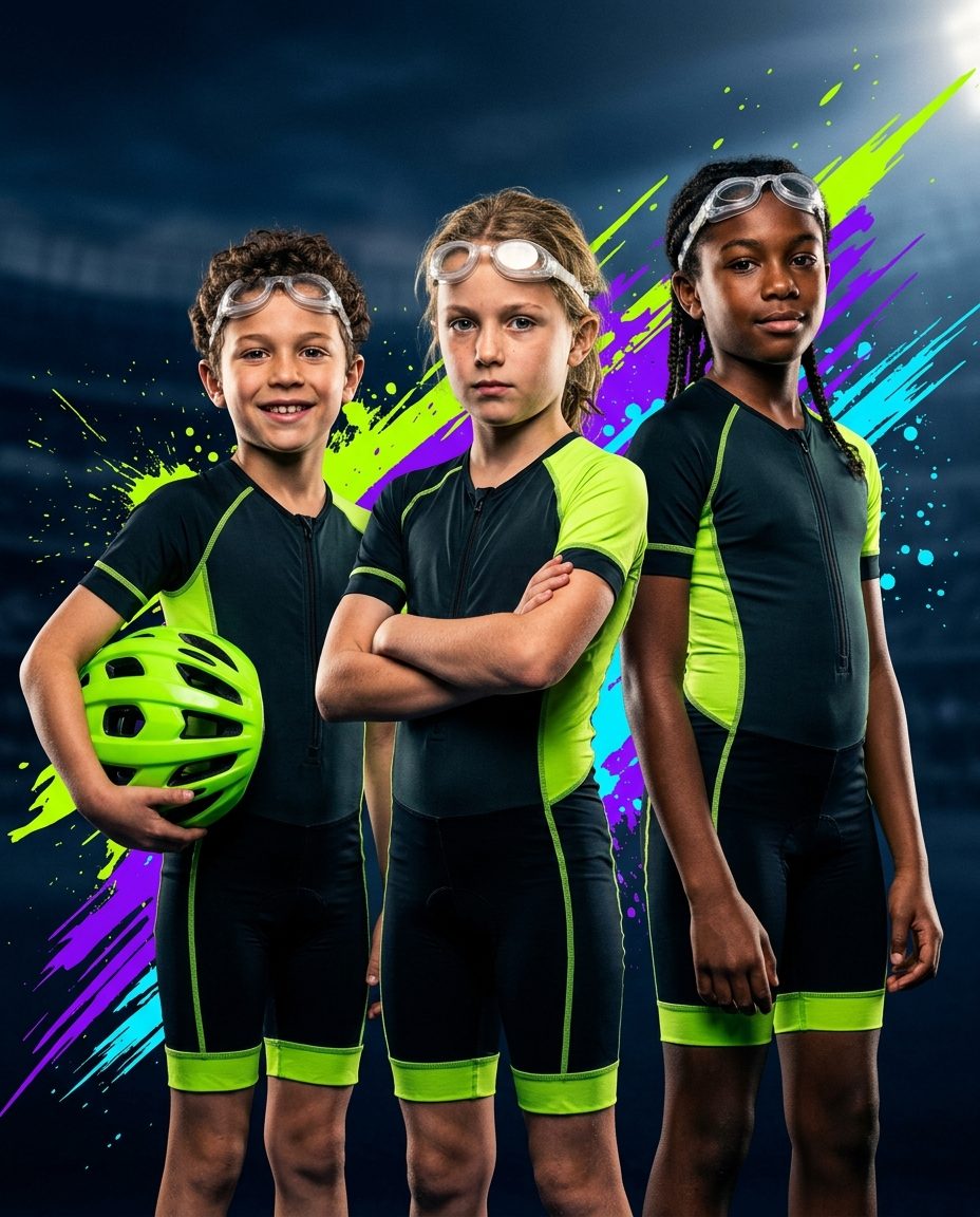 Young runners, swimmers and cyclists ready for their next adventure